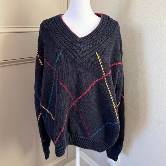 Vintage Sears Roebuck Navy Diamond Knit V-Neck Sweater Size XL Academia Preppy - Picture 1 of 4